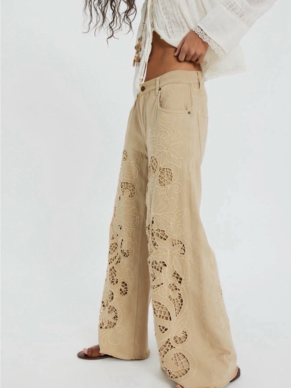 Free People Cut To The Chase Flare Jeans We The Free Embroider Cutwork Lace Tan